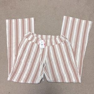 Roxy Oceanside Flared Beach Pants Womens Large Camel Sandy Stripe Cotton Linen